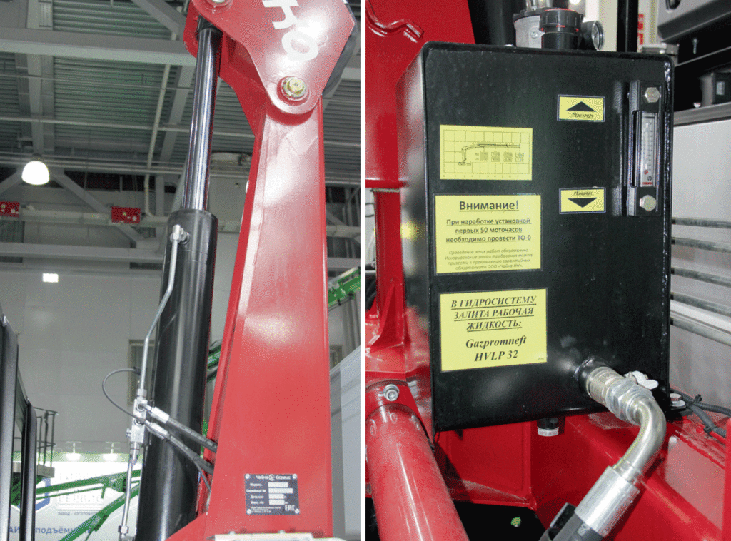    Гидроцилиндр подъема первой стрелы проложен вдоль поворотной колонны. Простейший термометр на баке не требует подключения к электросети.