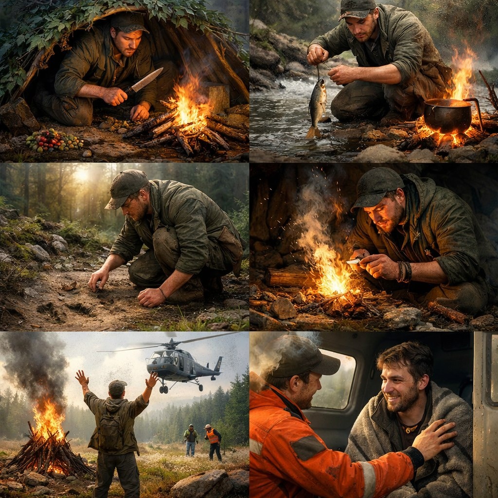 Вова был обычным парнем из города, когда в один из дождливых осенних дней его отправили в поход в тайгу с друзьями. Но планы не всегда идут по плану. На второй день их группе пришлось расстаться из-за сильной бури. Вова оказался один, потеряв ориентиры и с нехваткой еды.

Сначала он паниковал, но быстро понял, что паника не поможет. Вова начал искать выход. Он заметил, что возле деревьев есть немного ягод и орехов, и собрал немного воды из ручья, очищая её отлистком. Он заметил, как наточил свой нож, и начал строить простую укрытие из веток и листвы, чтобы спрятаться от дождя и ветра.

Дни шли, и Вова научился определять следы животных и ориентироваться по солнцу. Он поймал рыбу в ручье, забросив самодельную снасть, и научился разжигать огонь с помощью камней и сухой коры. Самое главное, он сохранил надежду и страховал себя от ошибок.

Через несколько дней Вова услышал звук вертолёта. Он подал сигнал из излучателя и, заметив вертолет, усталый, но счастливый, стал махать руками. Спасатели заметили его и забрали в безопасное место.

Эта история стала для Вовы важным уроком: даже в самых сложных ситуациях главное — не сдаваться и верить в свои силы.