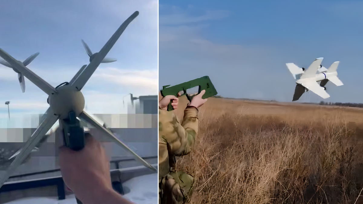 Ручной переносной дрон-перехватчик «Ёлка» взлетает с платформы-пистолета. Скриншоты с видео, опубликованного в telegram-канале "Беспилот | БПЛА, дроны, роботы".