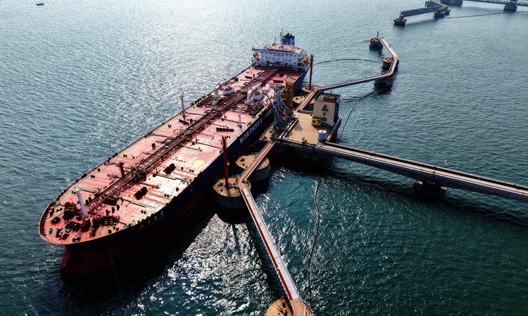   QINGDAO, CHINA - MARCH 10, 2026 - An oil tanker was unloading imported crude oil at the crude oil terminal of Qingdao Port in Qingdao City, Shandong Province, China on March 10, 2026. (Photo credit should read CFOTO/Future Publishing via Getty Images) Nare