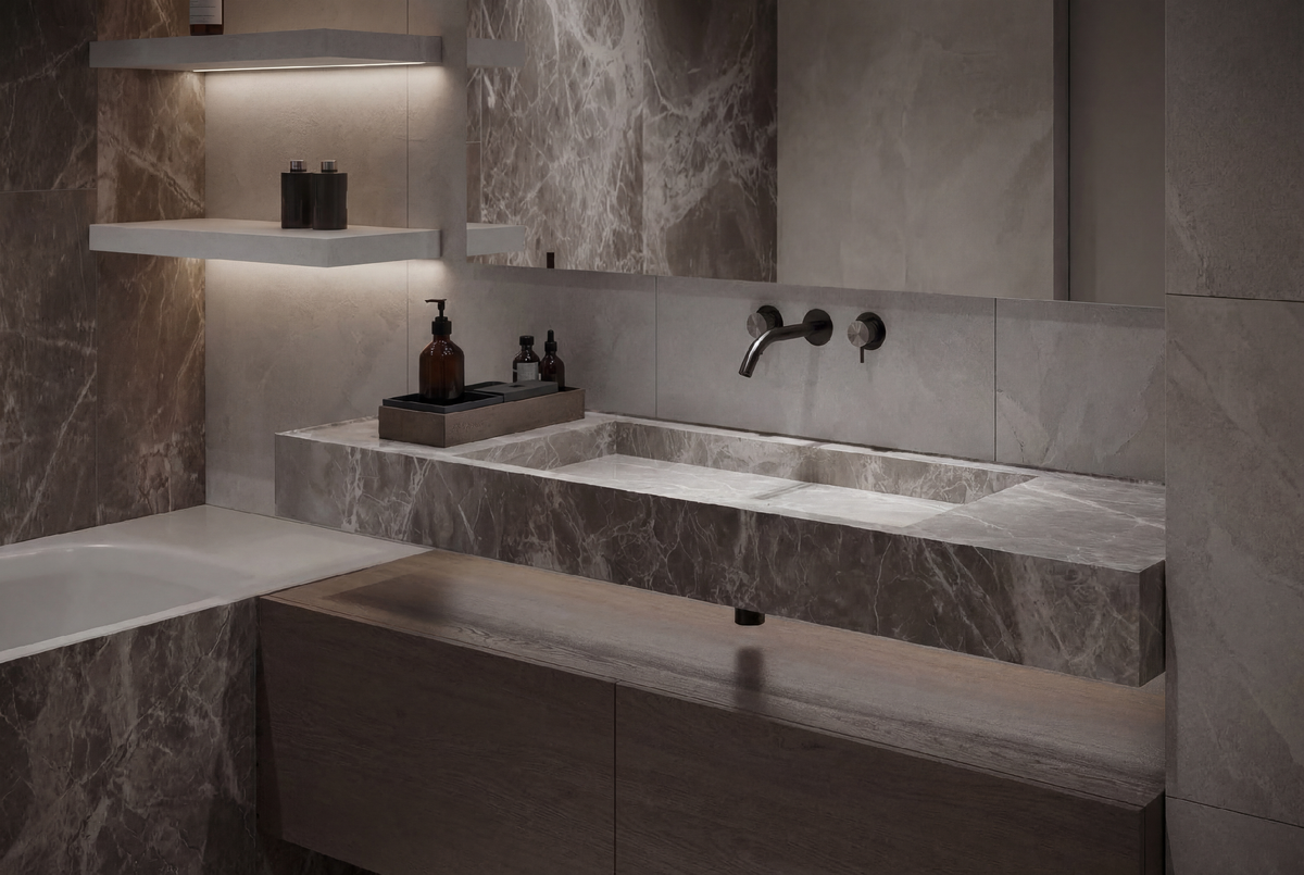 Минималистичная зона умывания с каменной столешницей и встроенной раковиной.