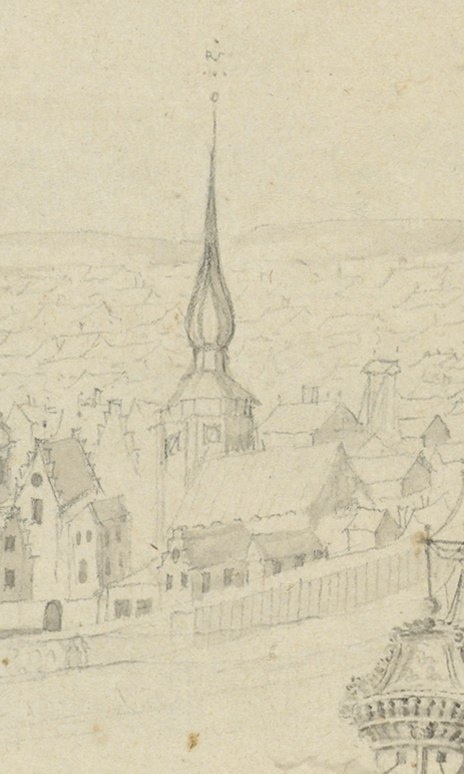 Фрагмент рисунка шведского фортификатора Э. Дальберга 1681 года с изображением кафедрального собора и его колокольни.