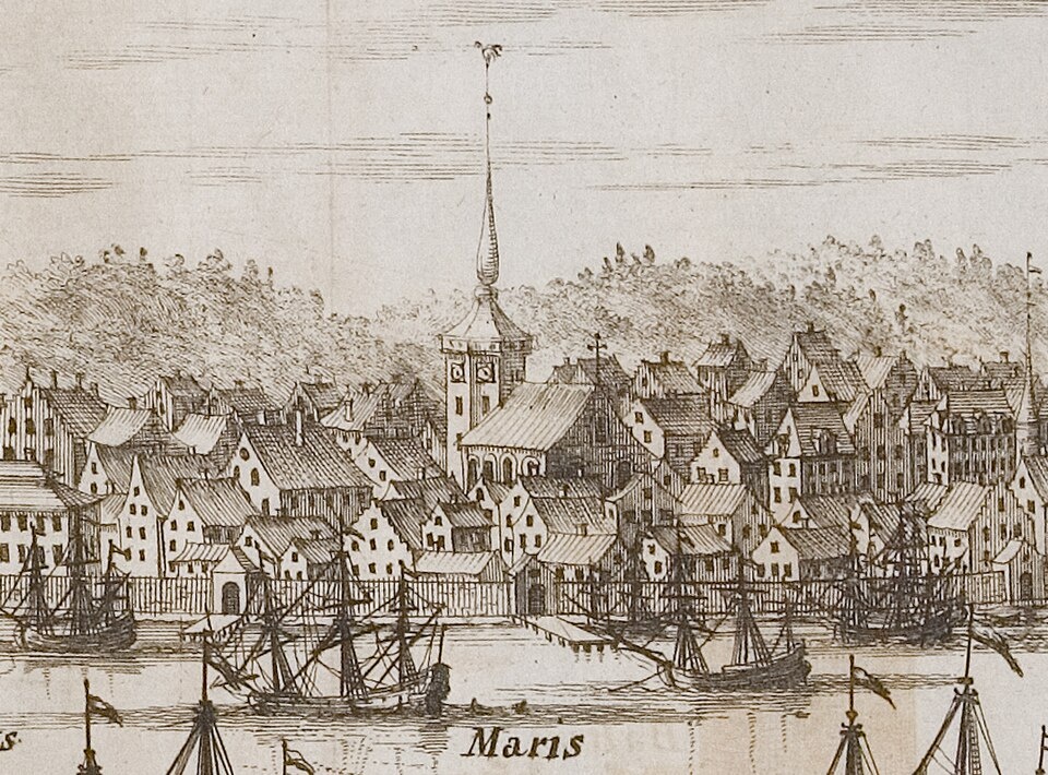 Фрагмент гравюры по рисунку Э. Дальберга 1681 года с изображением собора и его колокольни с флюгером в виде церковного петуха