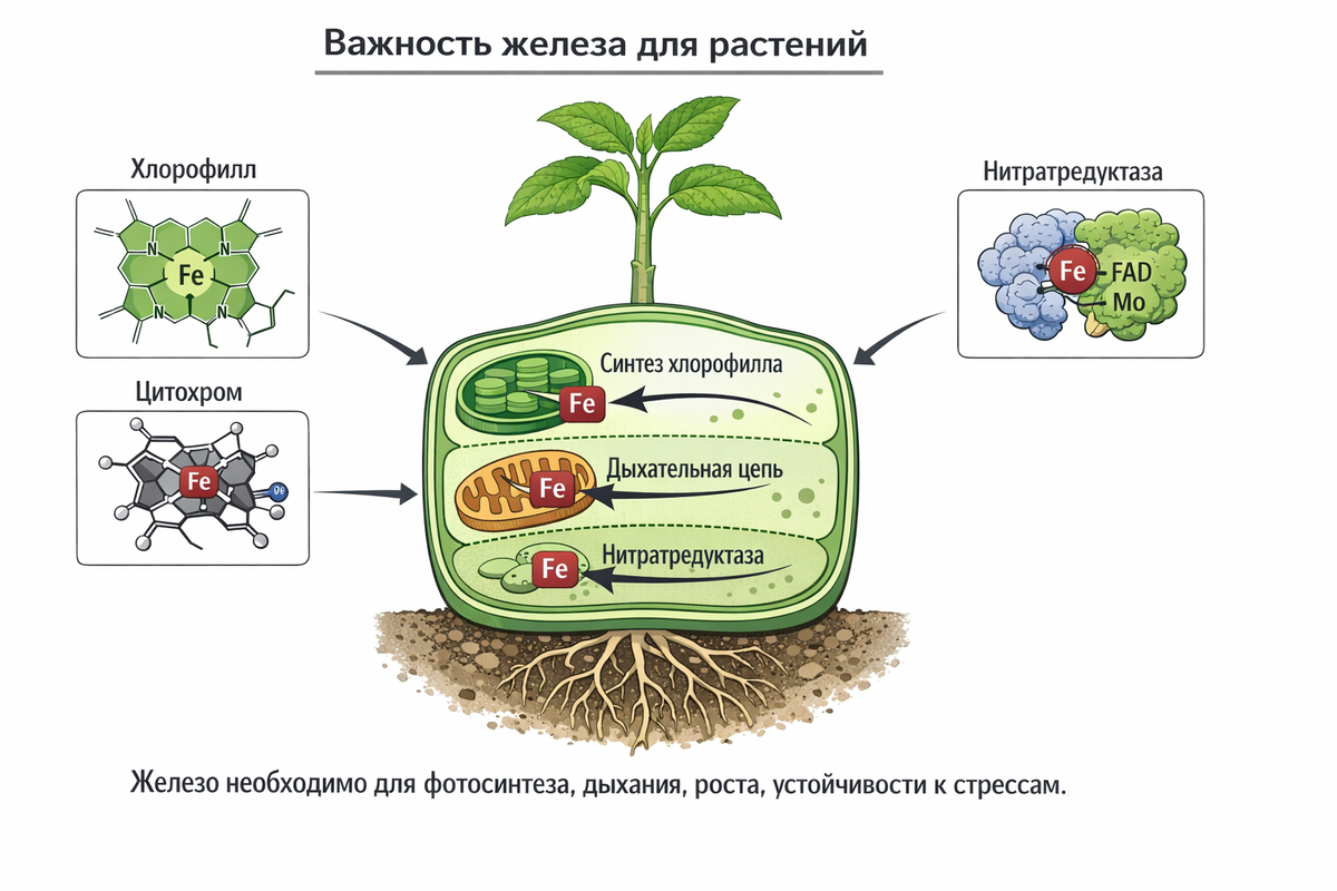 Железо важно для растений: оно участвует в фотосинтезе, синтезе хлорофилла, фиксации азота, дыхании и активации многих ферментов (например, нитратредуктазы, каталазы). Этот микроэлемент необходим для синтеза фитогормонов, белков и функционирования окислительно-восстановительных систем (включая цитохромы). [2]