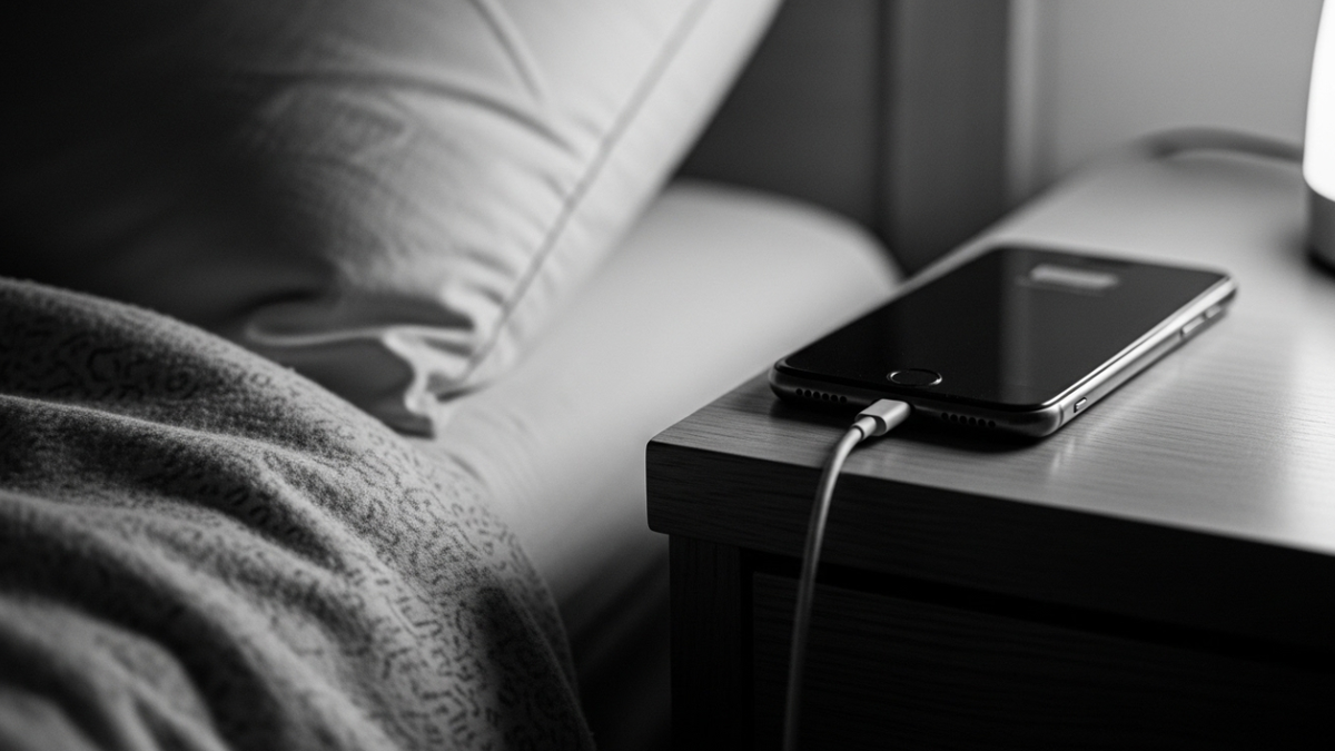 Крупный план смартфона на зарядке рядом с кроватью