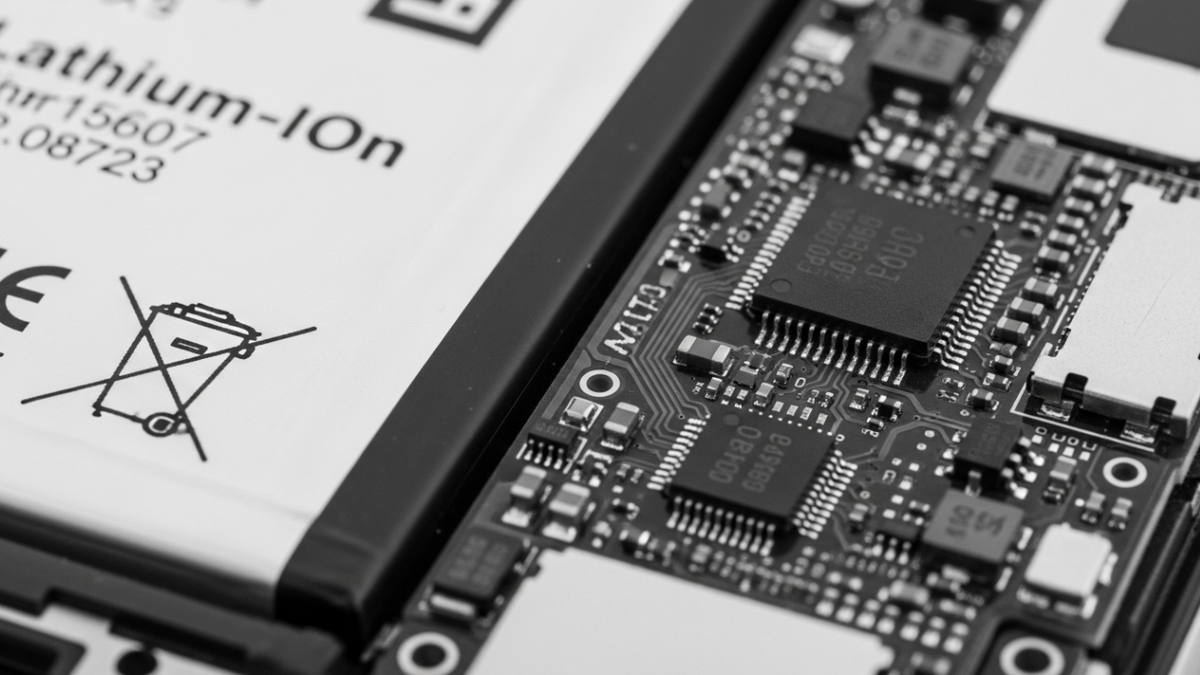 Макросъёмка внутреннего устройства смартфона: чётко различимы аккумулятор, контроллер заряда и платы