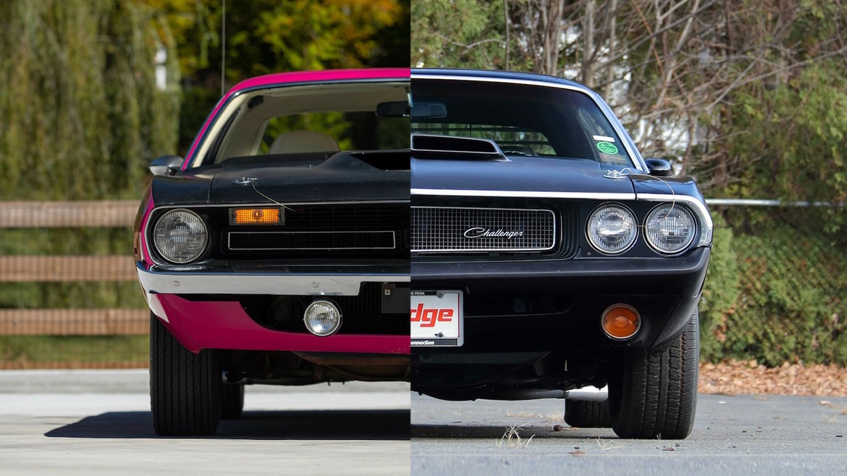 Слева Plymouth AAR 'Cuda, справа Dodge Challenger T/A 