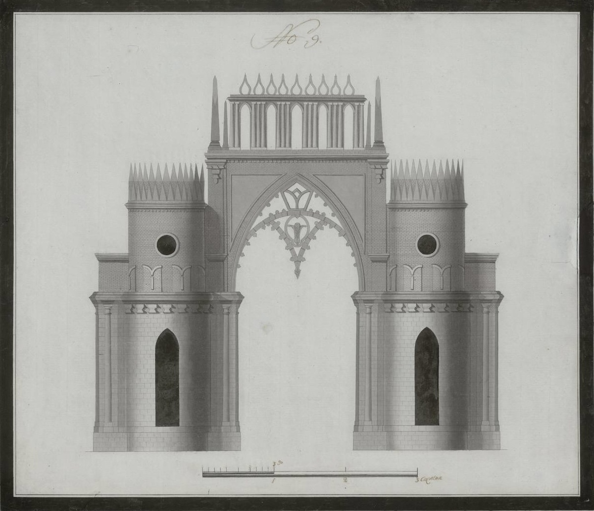Василий Иванович Баженов (1737–1799)
Проект фигурных ворот для Царицына
1770-е
Бумага, тушь, заливка тушью
НИМ РАХ