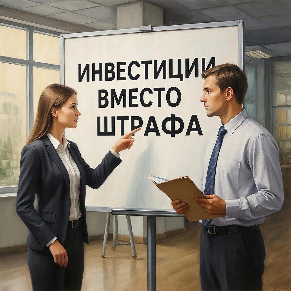 Правительство России предложило бизнесу выбор между штрафами и инвестициями. Иллюстрация: Полянин.РФ с использованием ИИ.