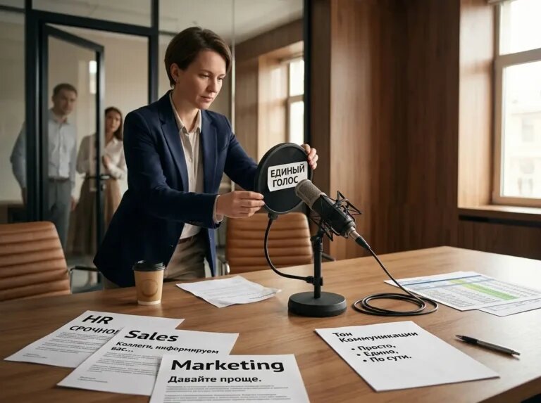    Момент сборки единого голоса: разные департаменты сводятся к общему тону и управляемому сообщению. "Kontenium"