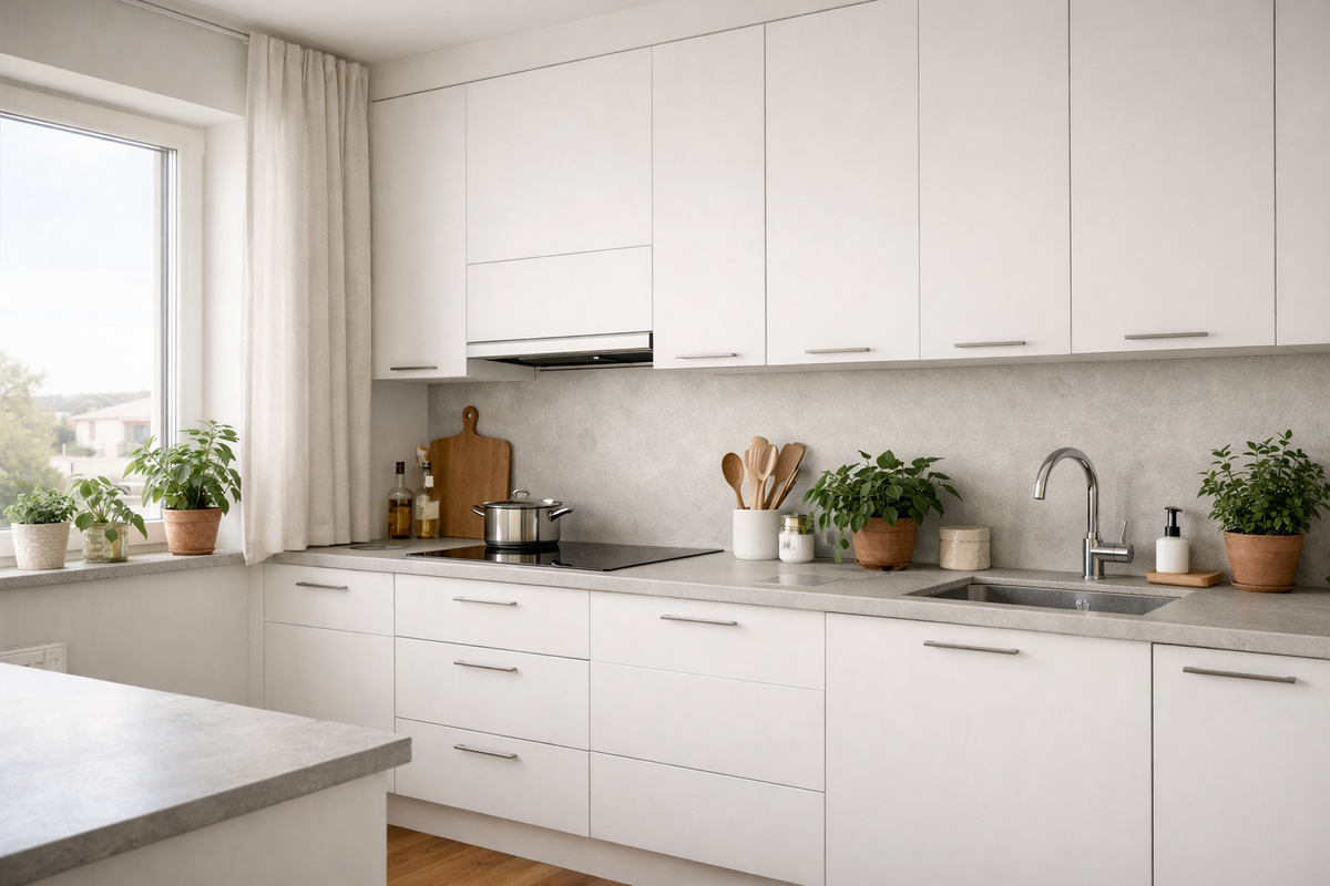 Современная кухня со встроенной вытяжкой, скрытой в шкафу