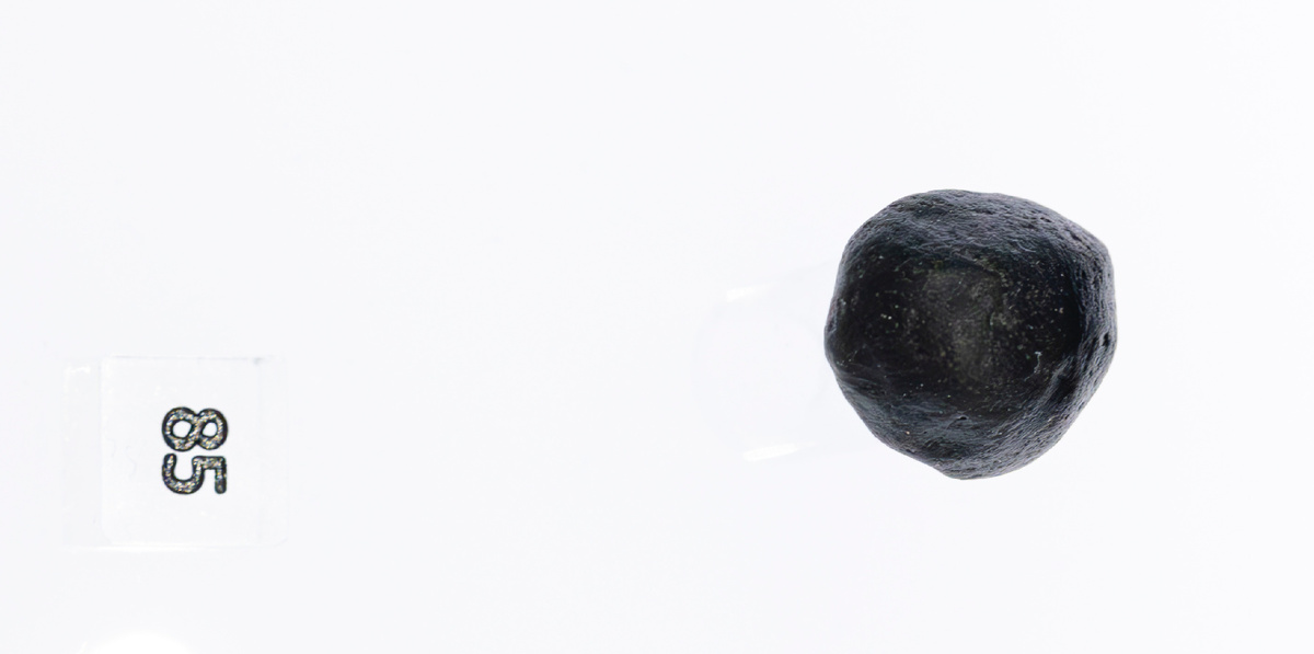 Австралит. Природное силикатное стекло черного цвета шарообразной формы, диаметр 20 мм, масса 3,3 гр. Найден в Южной Австралии. Коллекция Московского планетария № 85.
