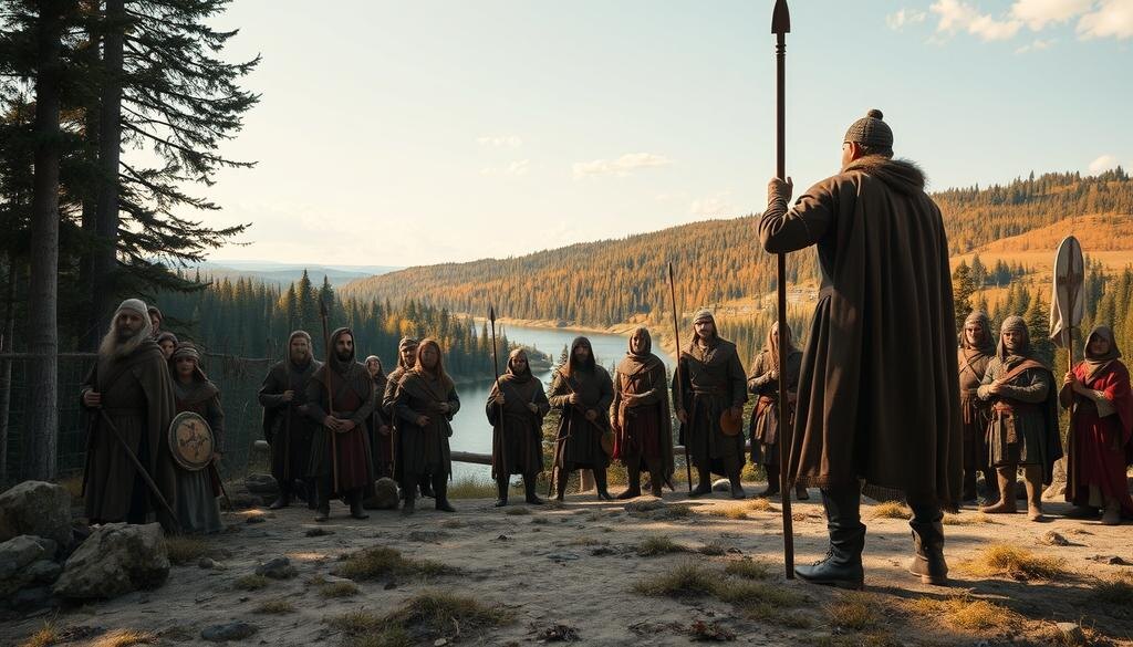    Историческая сцена, где славянские племена призывают лидера объединить их, на фоне древних лесов и рек.