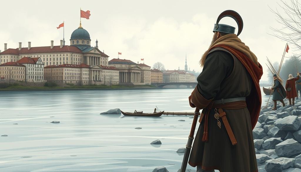    Иллюстрация викинга в образе купца на берегу Днепра, готовящегося захватить город.