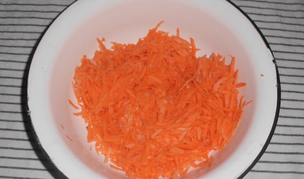 Тертый морковь в металлической миске. Фото автора канала Житейская проза