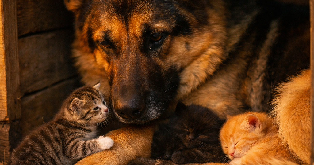 Подложил своей овчарке осиротевших котят: она долго их не принимала