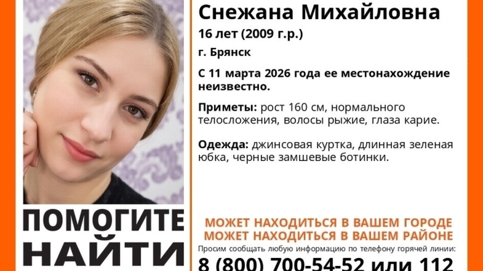 В Брянске ищут 16-летнюю Снежану Логвинову