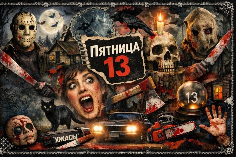     Иллюстрация: тема фильмов ужасов/пятницы, 13 в массовой культуре (18+). Сгенерировано нейросетью