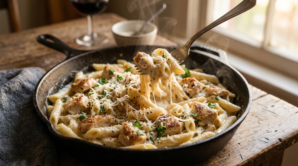 Большая тёмная чугунная сковорода на деревянном столе