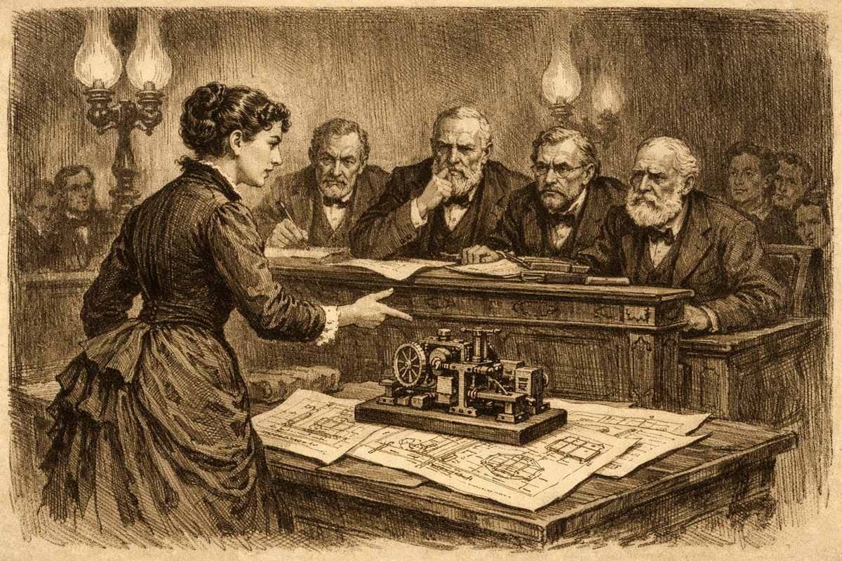 Маргарет Найт в зале патентного ведомства. Иллюстрация: нейросеть