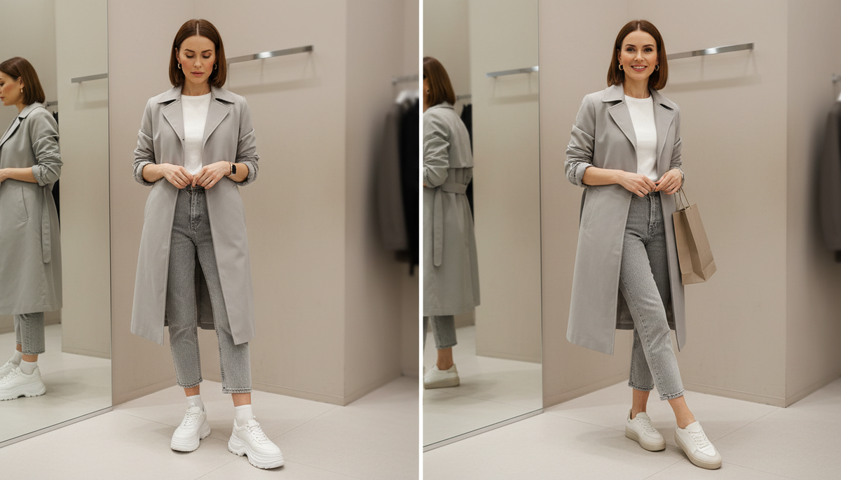Сплит-кадр: женщина 40+ в примерочной сравнивает белые массивные кроссовки и более лёгкую модель, где ноги выглядят стройнее