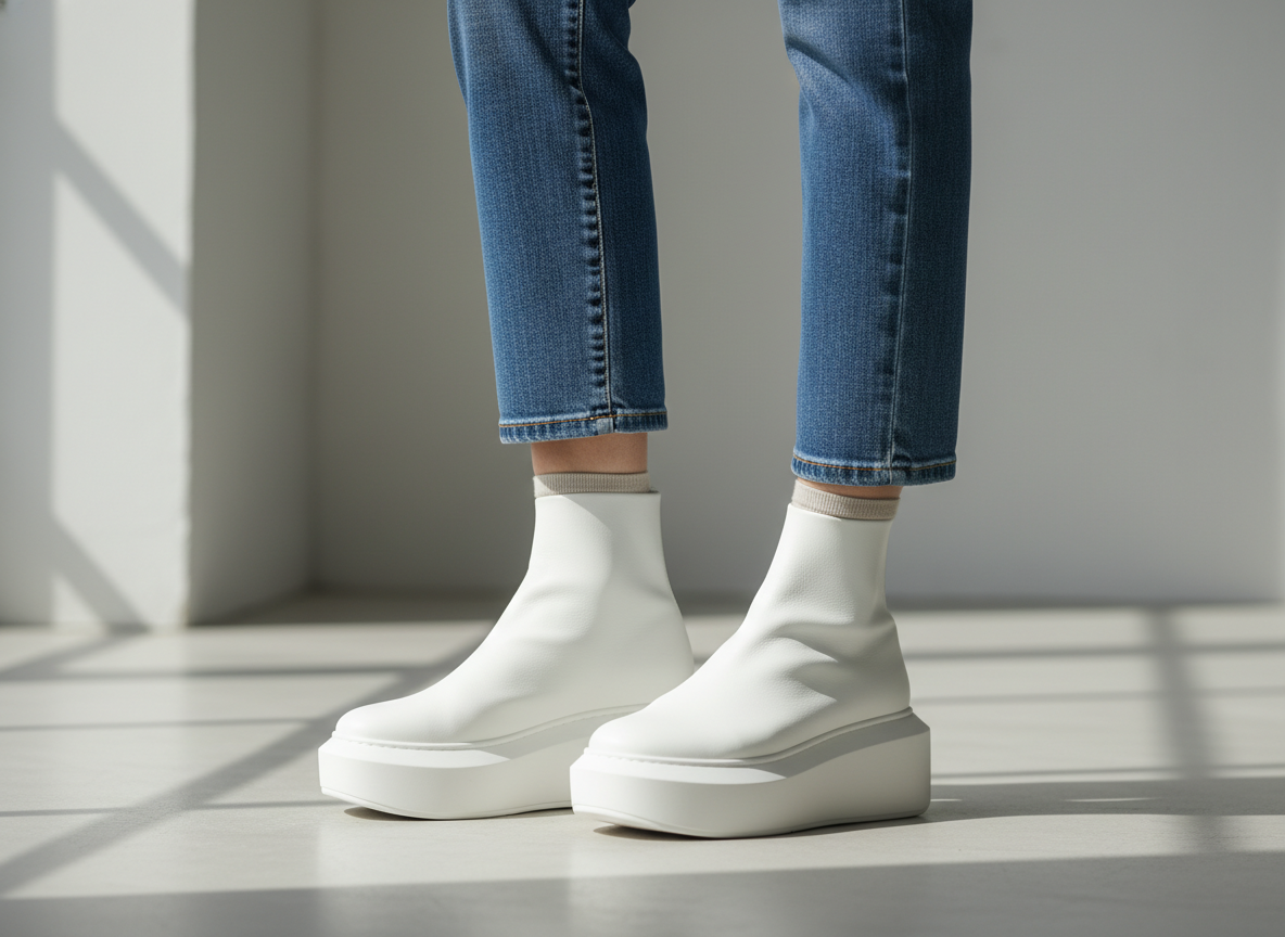 Крупный план: белые кроссовки на высокой платформе срезают линию щиколотки и делают ноги визуально тяжелее