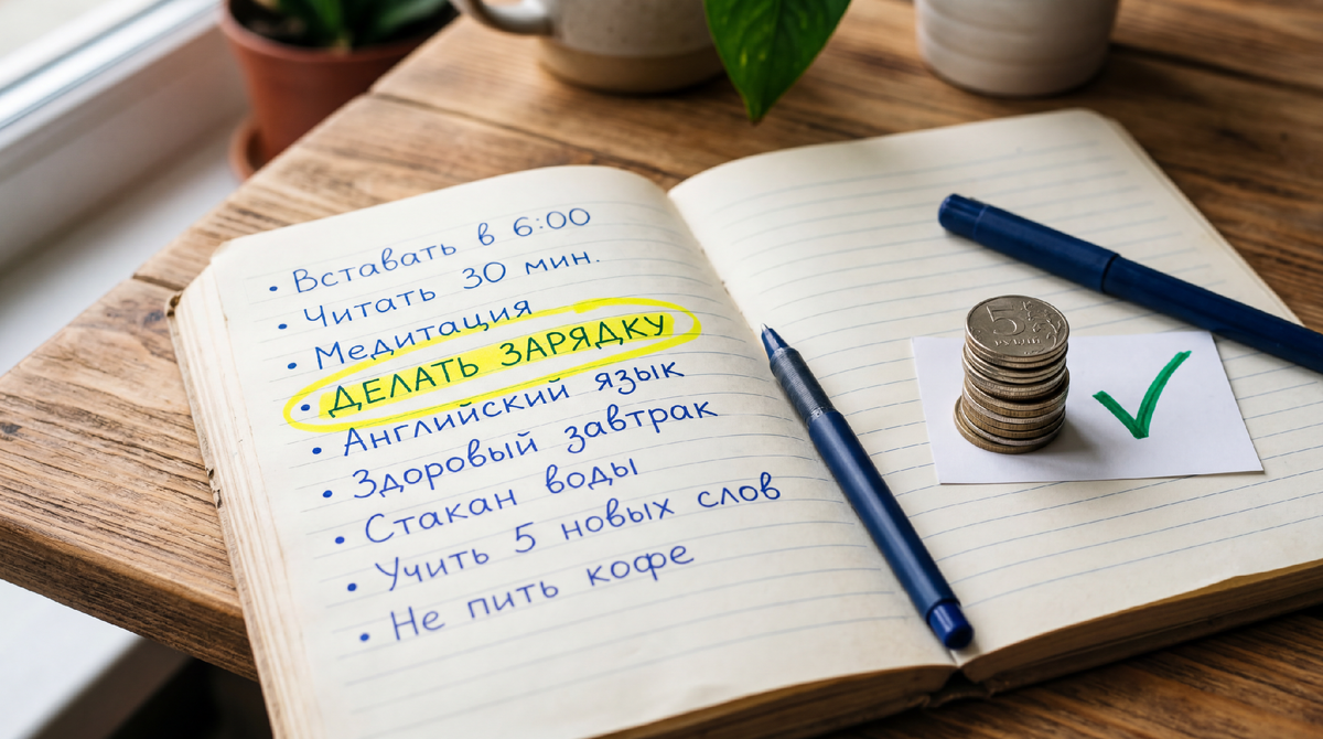 Две недели, одна привычка и деньги которые наконец перестали исчезать. На столе лежит открытый блокнот.