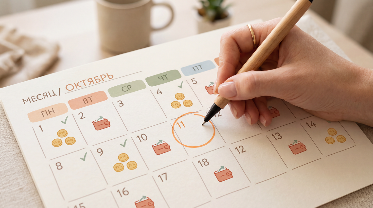 14 дней, 14 маленьких шагов и один вывод который изменил кое-что в голове. Календарь на две недели. На некоторых днях стоят галочки и монетки, на других значки расходов.