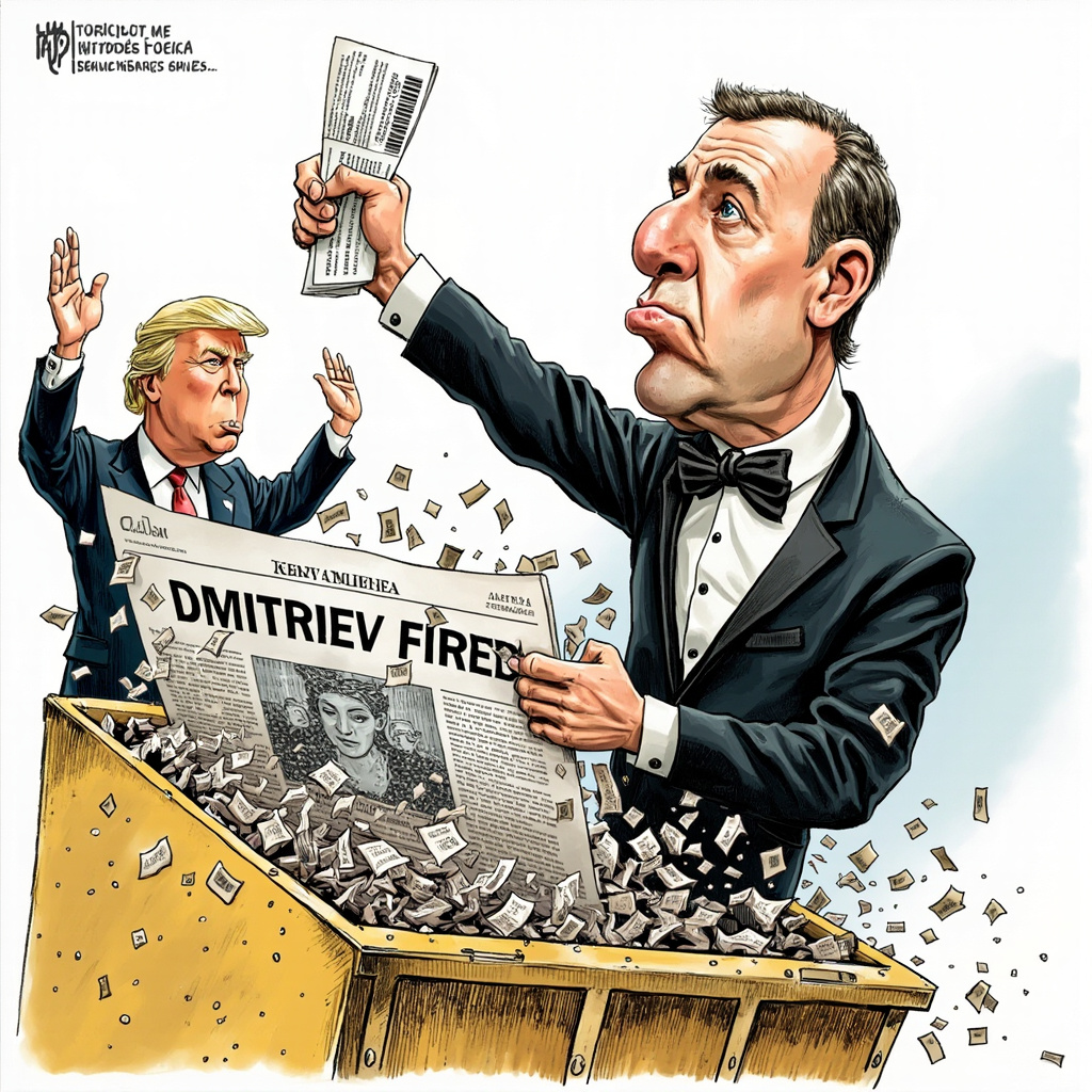 Сатирическое изображение газетного заголовка "Дмитриев уволен" , которое уничтожается золотым шредером . Из измельчителя  появляется Кирилл Дмитриев в смокинге , с билетом на самолёт до Майами в руках. На заднем плане Трамп машет ему руками. 