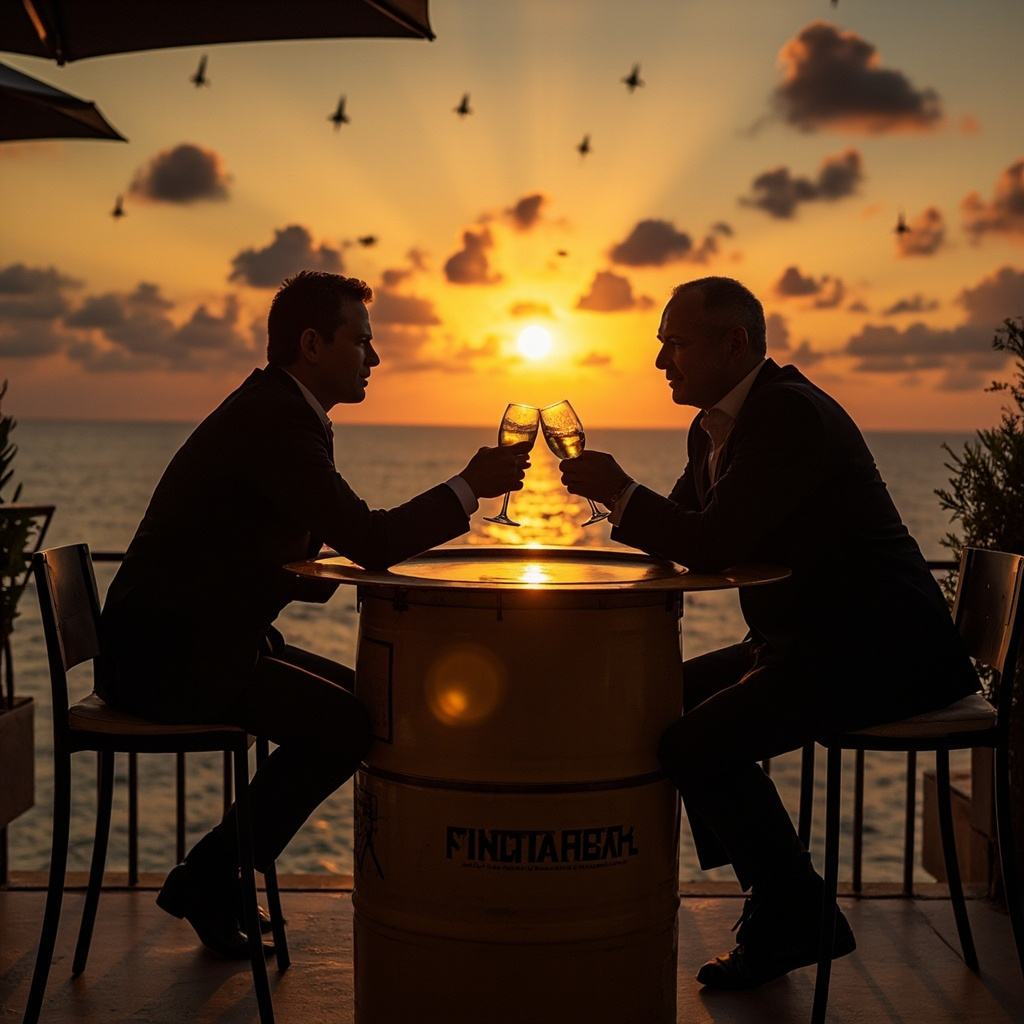Кушнер и Дмитриев сидят за столом, сделанным из гигантской нефтяной  бочки , на террасе роскошного ресторана в Майами. В небе над тёмным горизонтом видны силуэты ракет. 