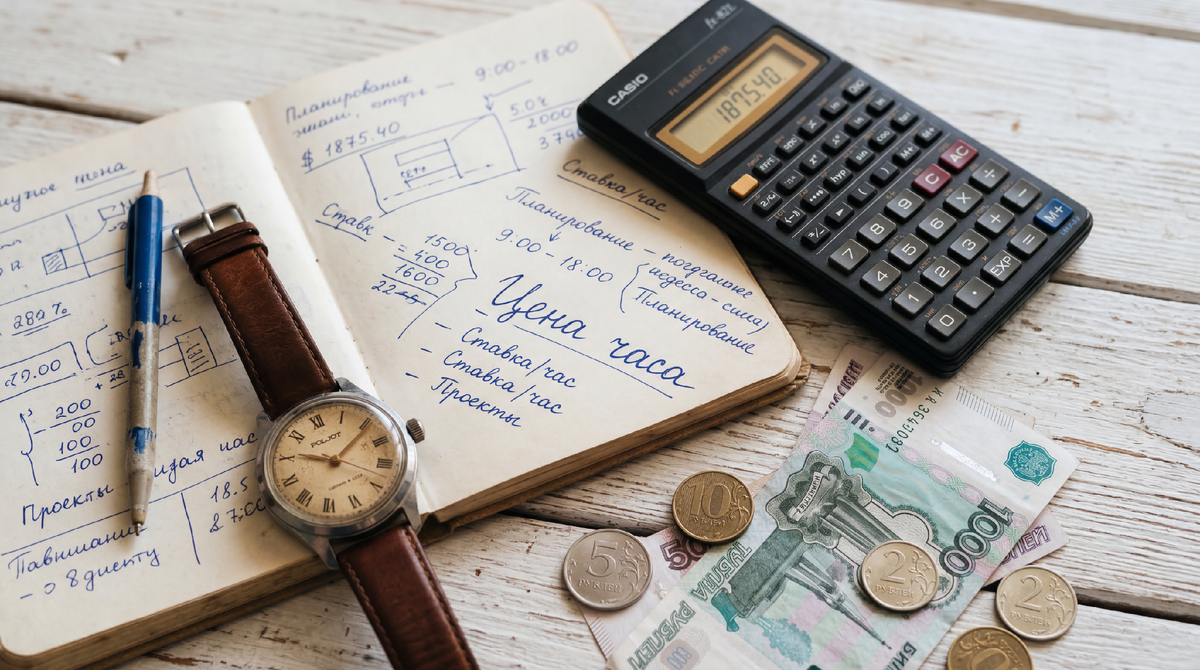 На столе лежат часы, калькулятор и блокнот с надписью «цена часа». Три вещи которые помогают принимать умные решения о деньгах и времени.