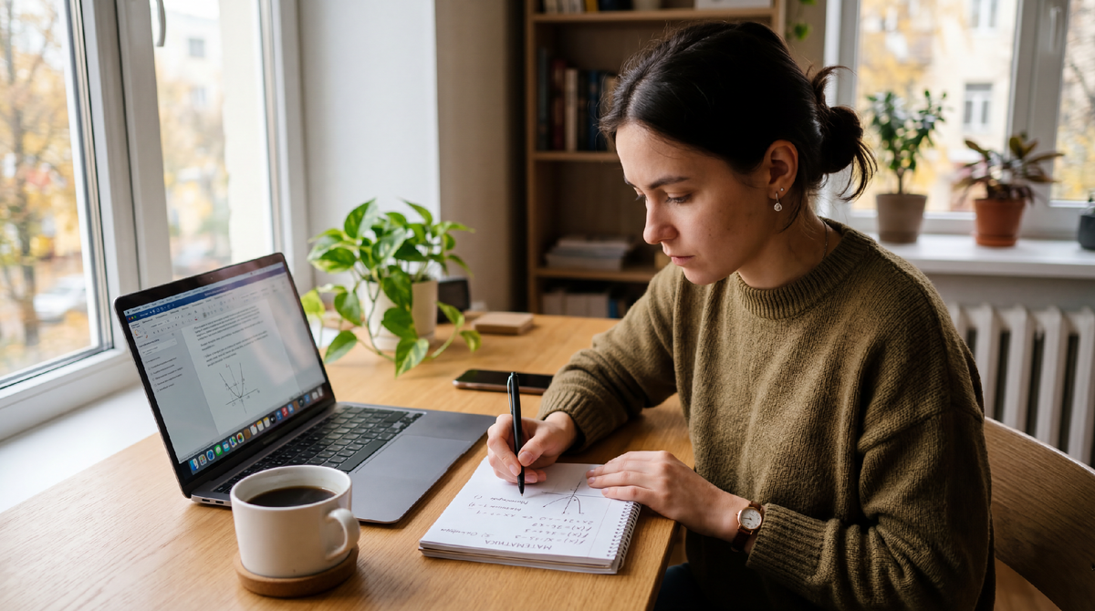 Человек сидит за столом с ноутбуком и считает что-то в блокноте. Обычный момент который меняет то как ты смотришь на своё время.