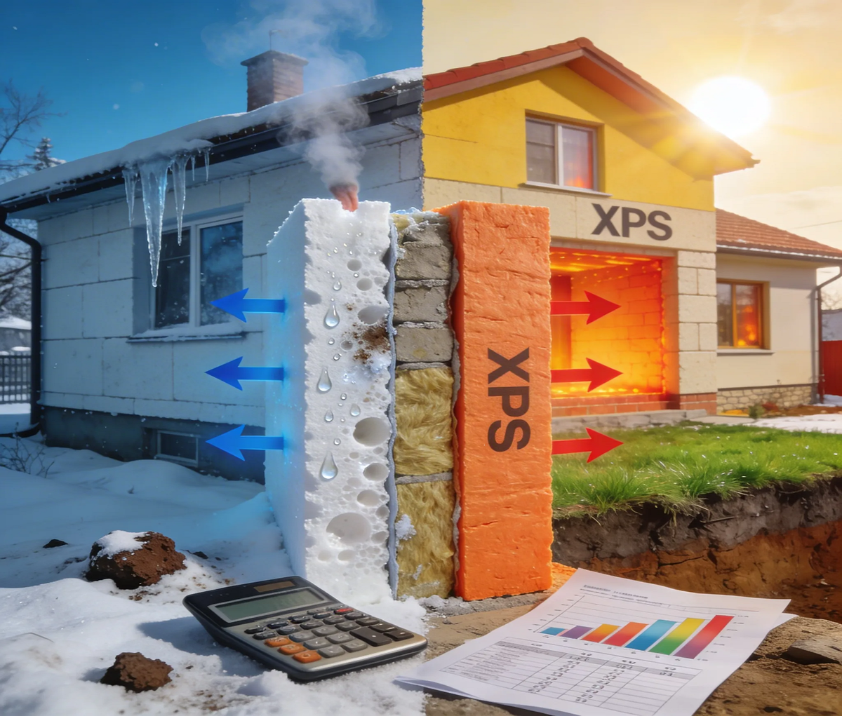 Слева — зима, сосульки, тепло уходит в трубу. Справа — солнце, сухо, тепло остаётся в доме. Один утеплитель против другого. Догадаетесь, где пенопласт, а где XPS? Ответ — в цифрах и расчётах 👆