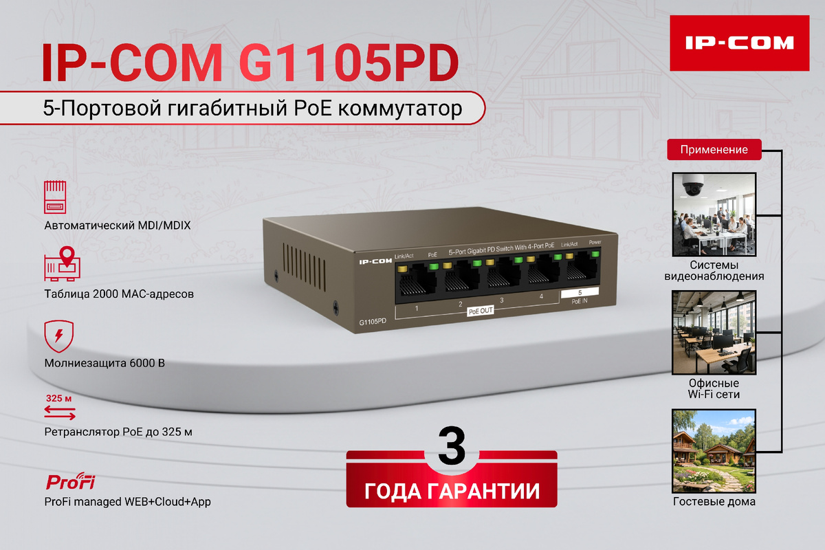Коммутатор PoE G1105PD, отличающийся низкой стоимостью, высокой производительностью и возможностью подключения к сети plug & play, является одновременно PSE и PD и предназначен для построения сети на большом расстоянии от источников питания