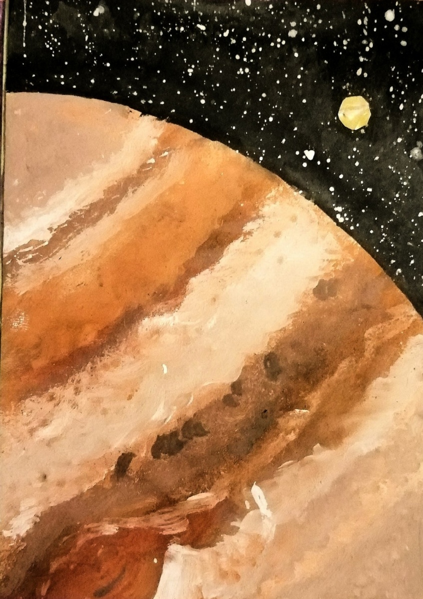 Но космос тема поистине крутая. Вдохновившись им снова, на астрономии на первом курсе, я нарисовала вот такой Юпитер. 