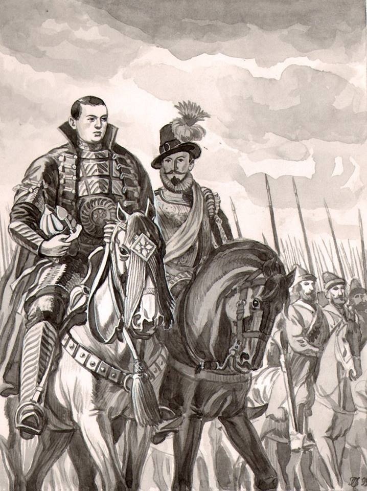 Михаил Васильевич Скопин-Шуйский и Якоб Понтуссон Делагарди, период Смутного времени. Да, шведов на помощь позвала сама тогдашняя российская власть в лице Шуйского. 

Художник: О. Пархаев.