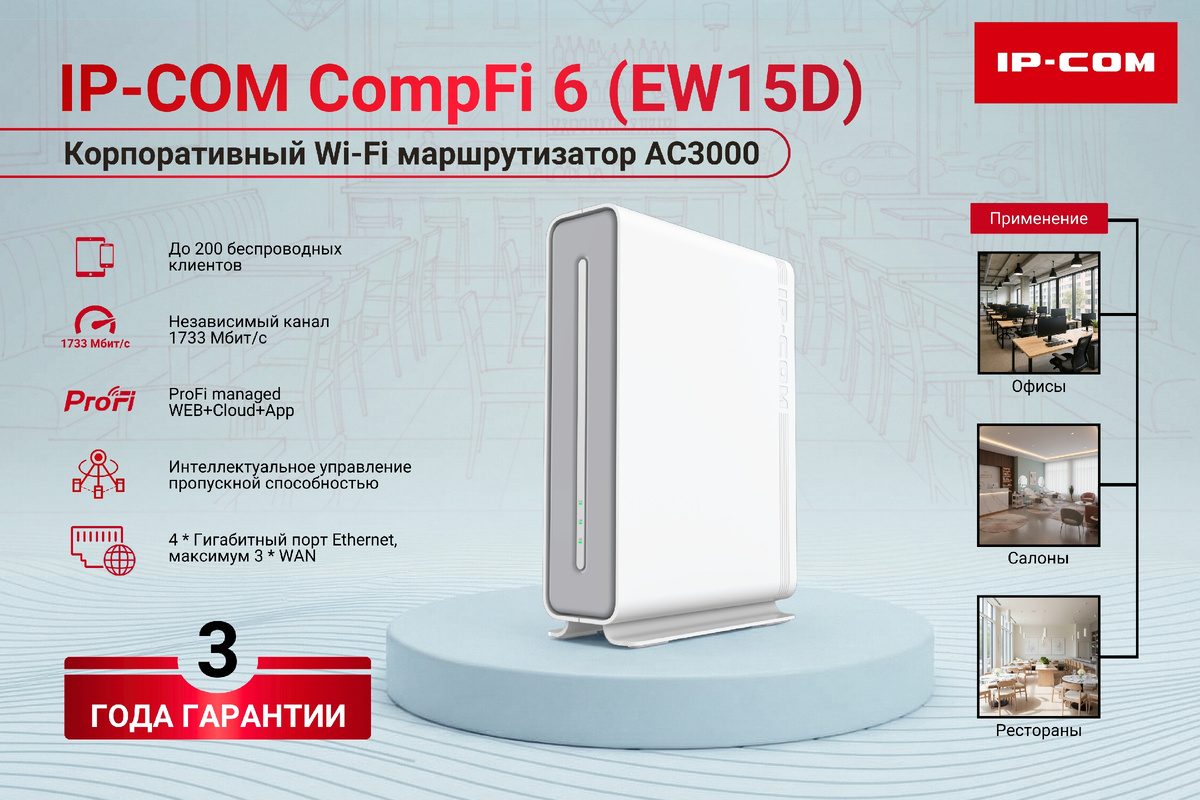 IP-COM CompFi 6 (EW15D) беспроводной Wi-Fi гигабитный маршрутизатор корпоративного уровня. Обеспечивает стабильное высокоскоростное подключение до 200 клиентов одновременно.