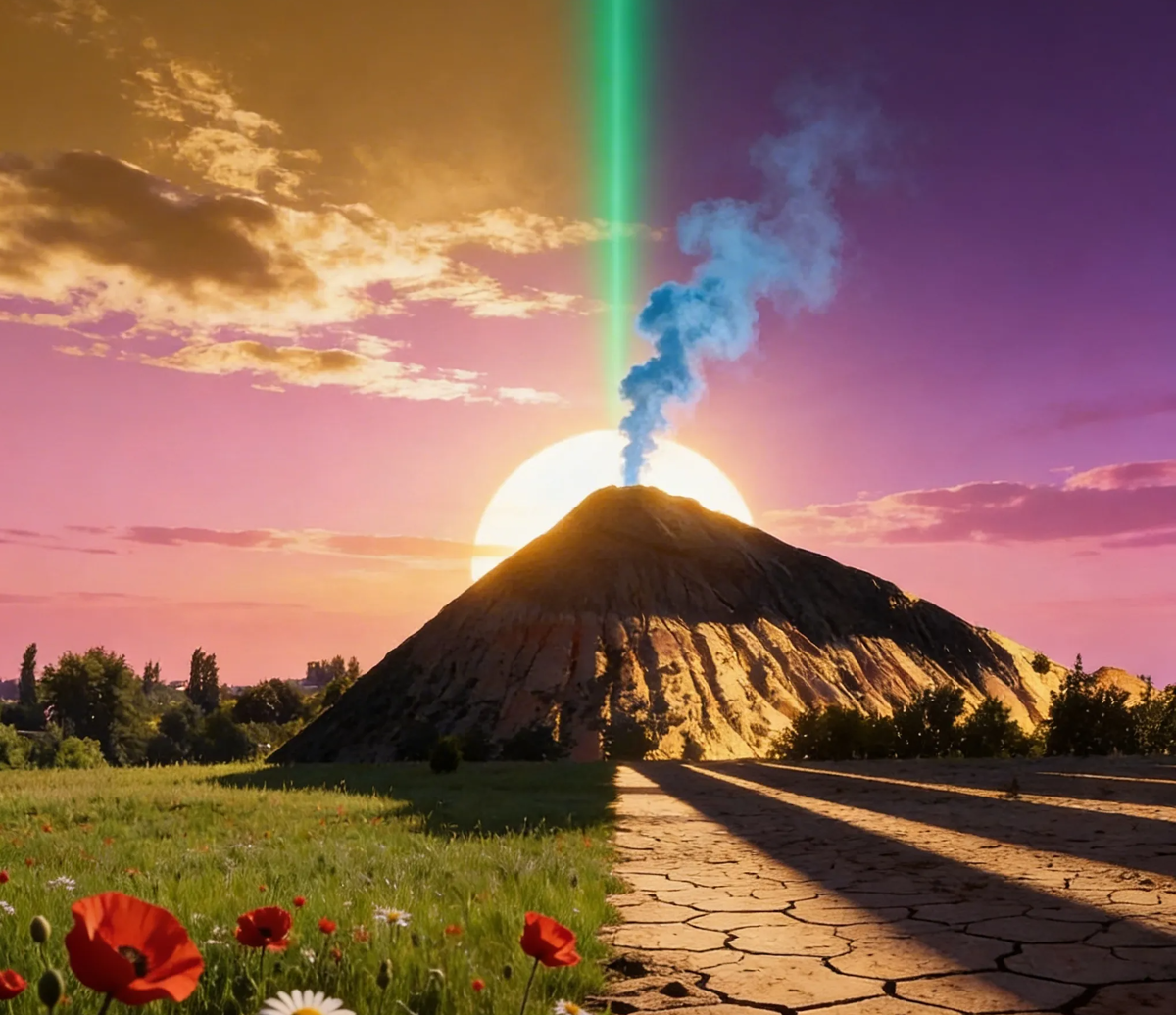 Красивый закат, цветущий луг, величественная гора. Идиллия? Только гора эта рукотворная, внутри неё 3000 градусов, а голубоватая дымка над вершиной — ядовитые газы, которые десятилетиями травят всё вокруг. Это террикон. Символ угольного края. И тихая смерть, к которой все привыкли.