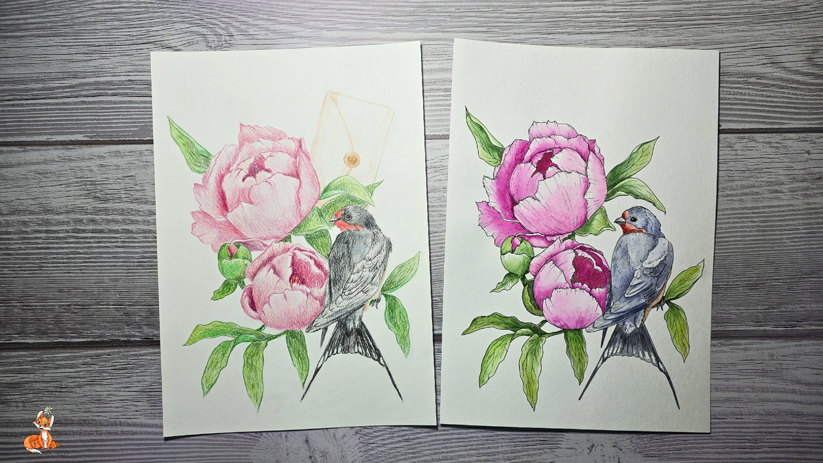 Работа 2026 года (слева) -цветные карандаши и работа 2024 года (справа)-акварель