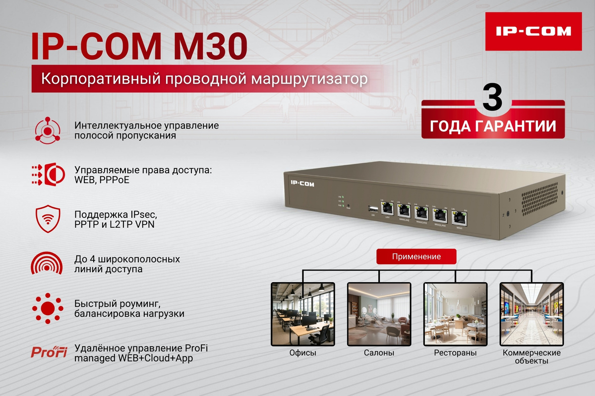 IP-COM M30 проводной маршрутизатор корпоративного уровня с интеллектуальнойц начинкой, с поддержкой стандартов закрытой сети VPN и современных технологий шифрования для безопасной работы в сети интернет и в локальной сети LAN.