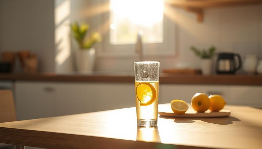    Тихая утренняя сцена на кухне с солнечным светом и стаканом воды с лимоном на столе.