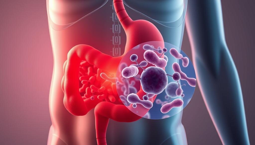    Иллюстрация человеческого желудка с наложением бактерий Helicobacter pylori, показывающая воспаление.