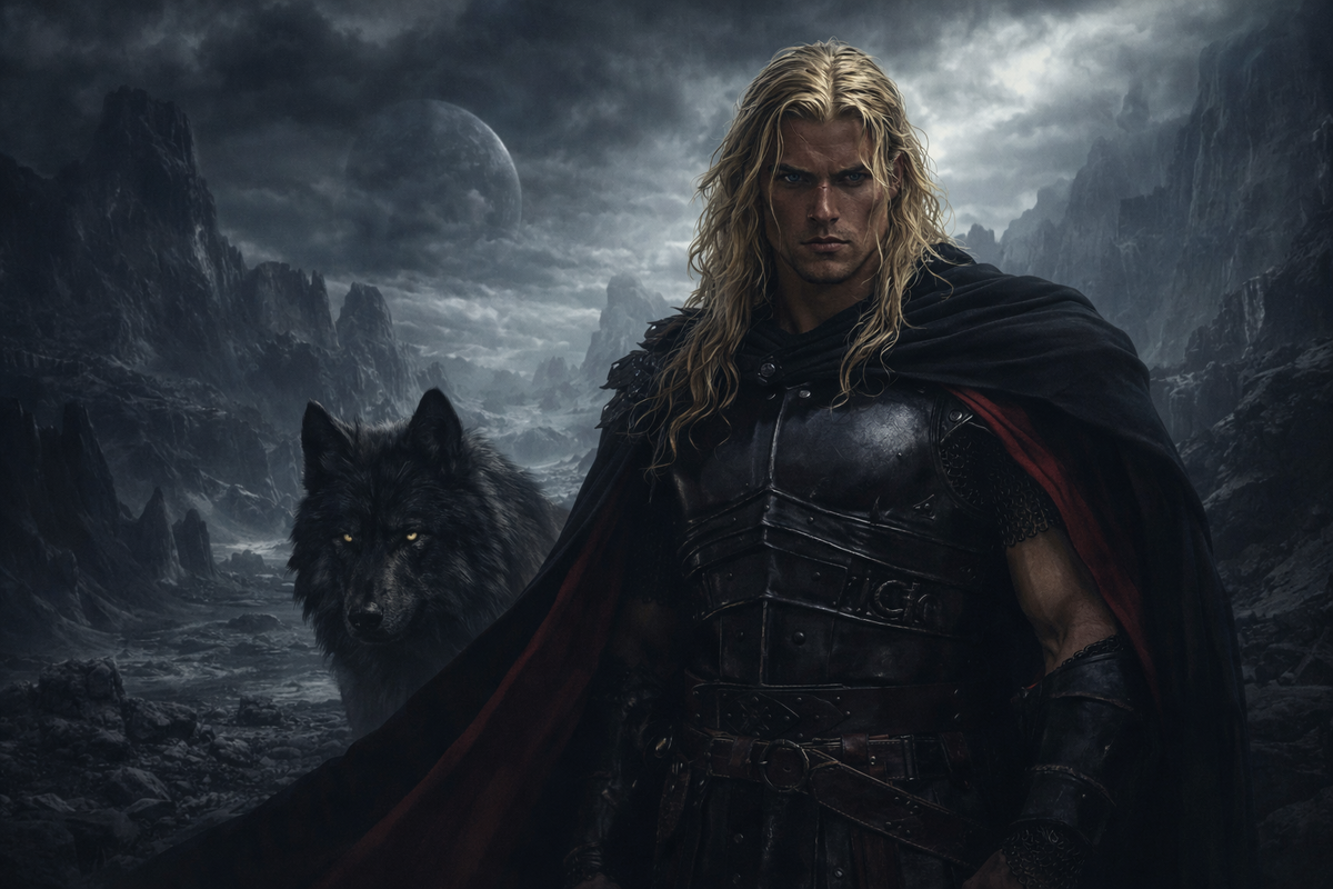 На переднем плане — высокий светловолосый воин в чёрных доспехах и чёрной мантии с красным подбоем. Рядом в полутени угадывается силуэт огромного волка. На дальнем плане — мрачный каменистый мир, напоминающий планету смерти. Композиция должна соединять два пласта: сакральное воинство из книги “Христоносец” и атмосферу смертельного инопланетного испытания. Холодное небо, чувство судьбы, волчий символ, предельная серьёзность.