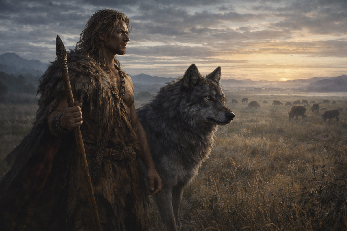 Древний человек и большой серый волк стоят рядом на фоне первобытной равнины на рассвете. Они не враждуют, а смотрят в одну сторону, как союзники перед общей охотой. Вдали — стадо, высокая трава, холодный утренний свет. В композиции должно чувствоваться начало того архетипа, который позже рифмуется и с волчьей линией “Христоносца”, и с переосмыслением хищника в фантастическом мире.