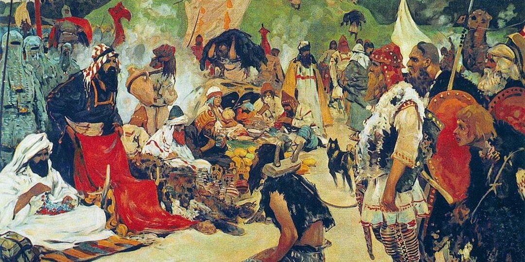 Жемчуг, меха и неволя / Торг на Великой реке / Миниатюра из истории восточных славян раннего Средневековья