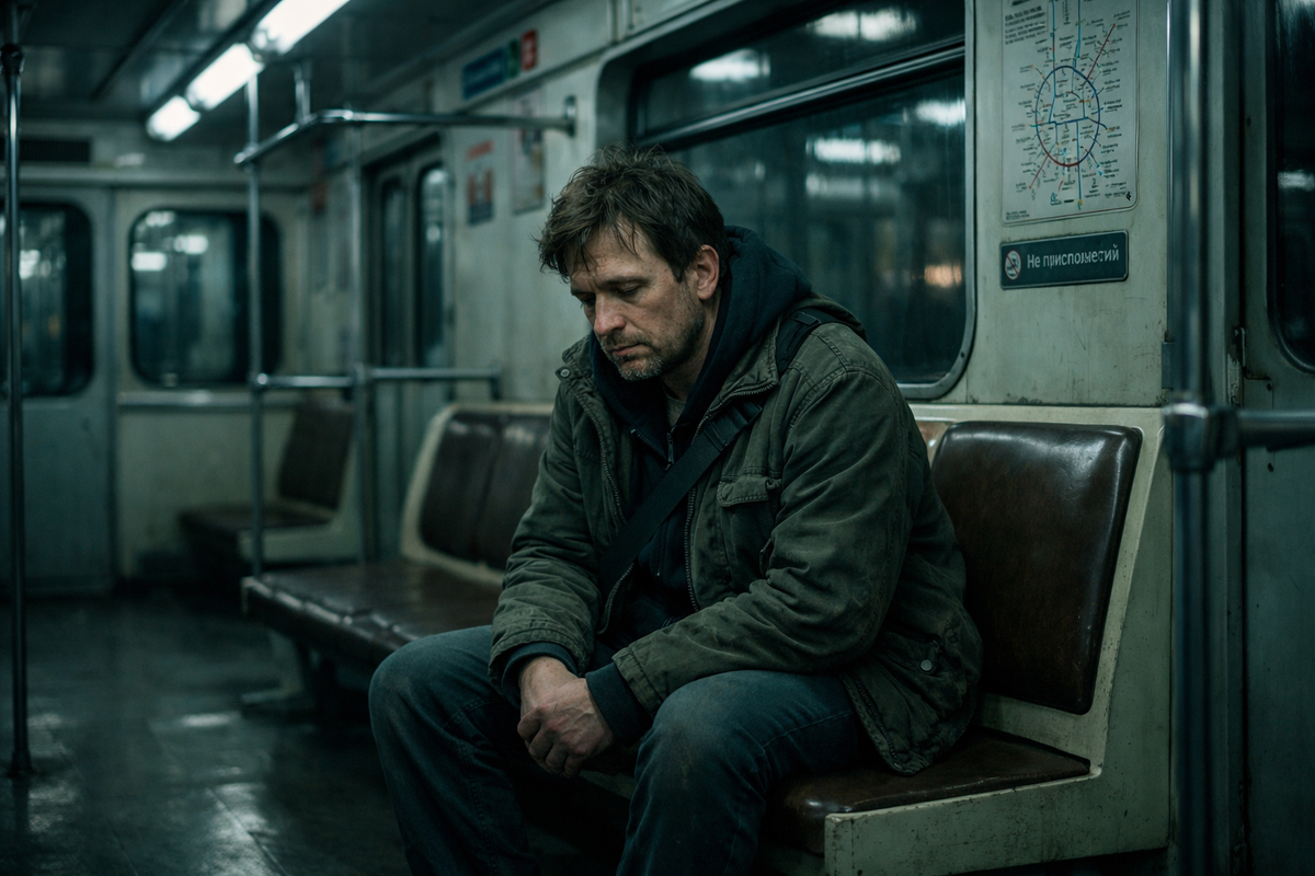 Пассажир московского метро после бессонной ночи.