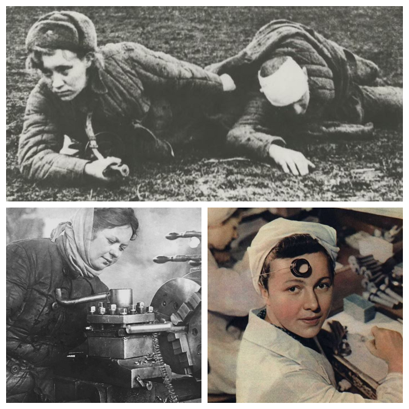 Советсткие женщины заменили мужчин у станков в тяжёлую годину, наравне с мужчинами воевали на фронте, двигали науку, прокладывали путь в космос.  