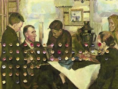 И. Кабаков. Новая гармонь. 2001. Коллаж. Холст, масло, цветная бумага.