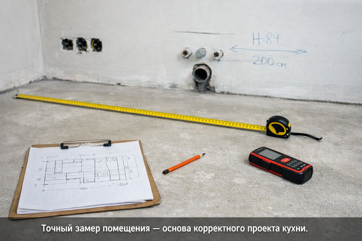 Точный замер помещения — основа корректного проекта кухни.