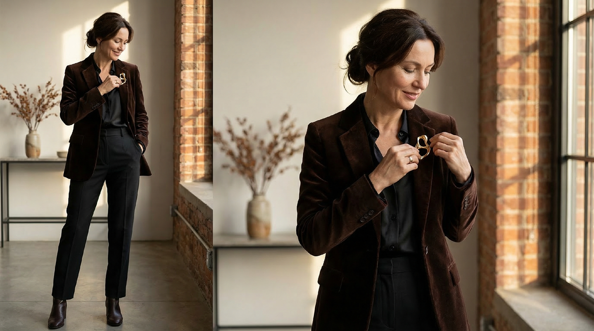 Бархатный жакет шоколадного оттенка поверх чёрной шёлковой блузы, на лацкане - скульптурная золотая брошь